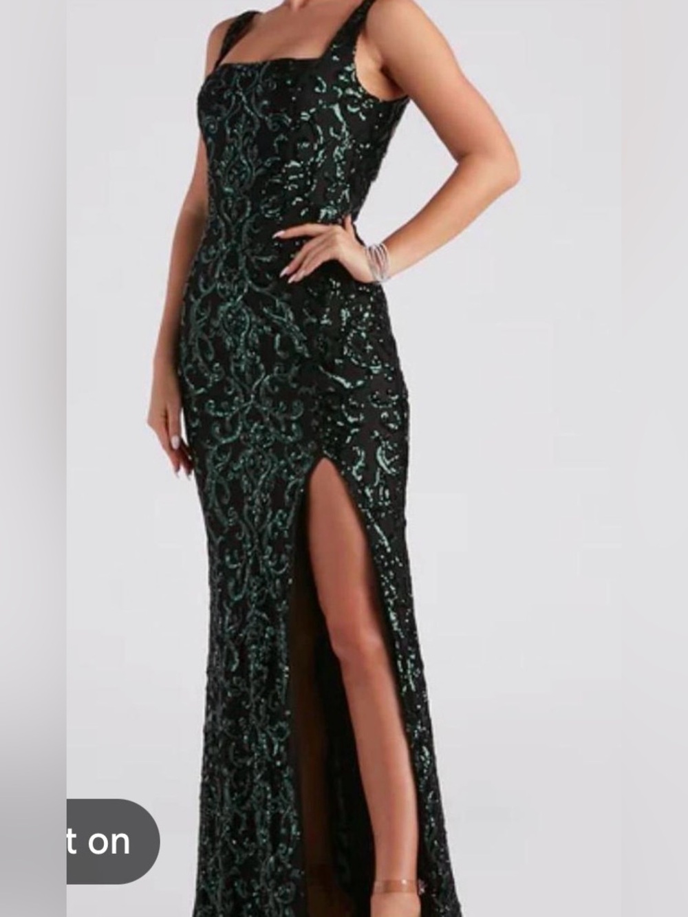 Windsor Black Maxi Dress with Emerald Sequin Scrolls and High Slit